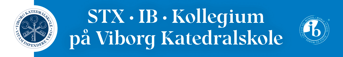 Blåt banner med Viborg Katedralskoles segl, IB's logo og hvid tekst, der siger: "STX - IB - Kollegium på Viborg Katedralskole.".